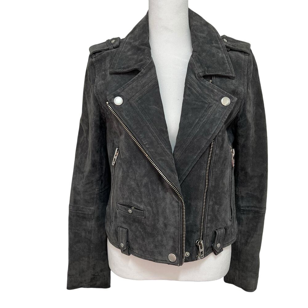 Blank NYC Small 100% Suede Leather Moto‎ Jacket Gray Zip Pockets Asymmetrical